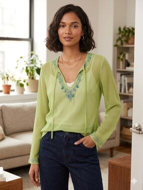 Tommy Hilfiger Lime Green V-Neck Embellished Sheer Blouse